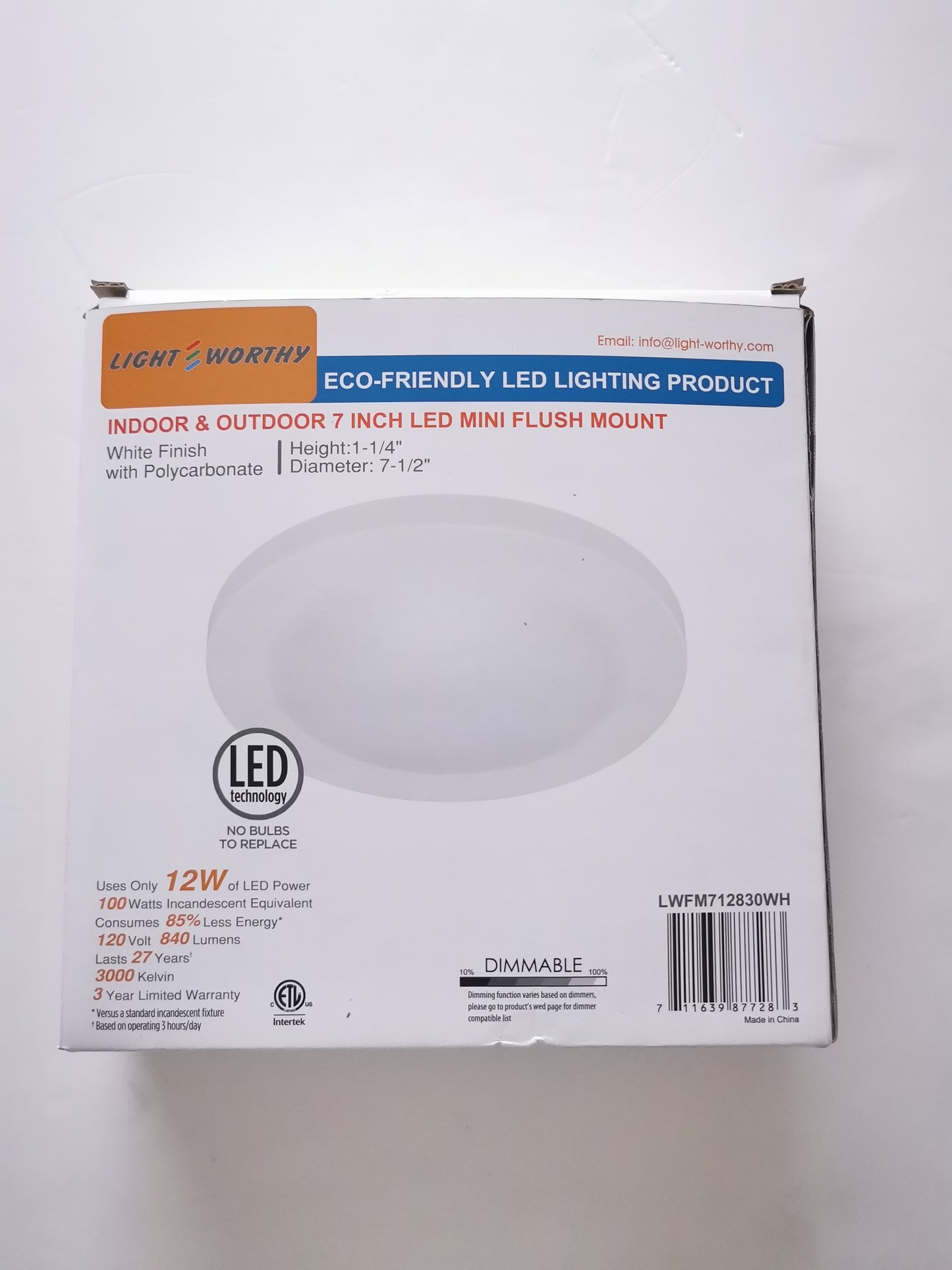 LED Flush Mount Ceiling Light,7.5",120V 12W 840LM(100W Incandescent Equivalent),Dimmable,3000K Warm White,ETL/JA8,Wet Location,White Finish